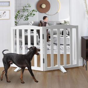 Freestanding Dog Gate Indoor, Doggie Gate Foldable Dog Gates for Doorways,Stairs or Hallways, Wooden White Pet Gate for The House, Pet Fence with Support Feet Included,24 "Height-2 Panels