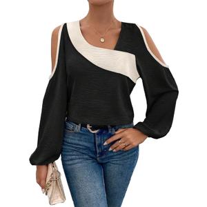 SOLY HUX Women's Cold Shoulder Colorblock Tops Long Sleeve Off Shoulder Casual Shirts Asymmetrical Blouse (Medium, Black and Apricot)