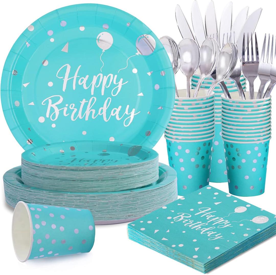 175PCS Teal Party Decorations Teal Birthday Plates and Napkins Party Supplies Includes Disposable Paper Plates and Napkins, Cups, and Plastic Silverware for Birthday, Baby Shower, Serve 25 Guests