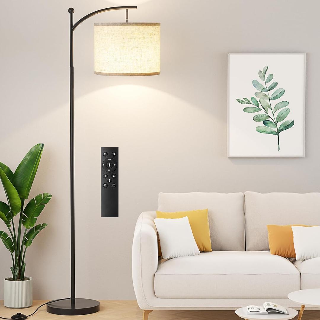 Ambimall 60" Floor Lamp with Remote Control and Stepless Dimmable Bulb, Colors Temperature & Brightness Adjustable, Modern Floor Lamps for Living RoomBeige Shade & Black Pole (61 inches)