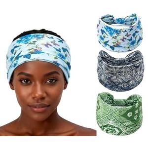 XEF Headbands for Women Bohemian Wide Floral Thick Hair Band No Slip Gym Elastic Twist Knot Athletic Headband Sweatbands Fashion Hair Accessories for Teen Girls (Fblack&Byellow&Brown)