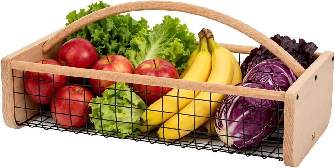 Garden Hod Harvest Basket, Wooden Garden Harvest Basket with Metal Mesh, Vegetable Gathering Basket for Fruit Picking, Rinse & Drain Gardening Basket for Kitchen, Picnic, Farmhouse Decor-Big
