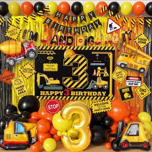 Construction Boys 3 Year Old Boy Birthday Decorations 3rd And Digging It Tractor Truck Birthday Party Supplies with Arch Kit Garland Balloons Signs Third Backdrop Banners (Construction)
