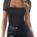 REORIA Women's Sexy Square Neck Short Sleeve Mesh Double Lined Slimming 2025 Trendy Going Out Bodysuits Tops Black X-Large