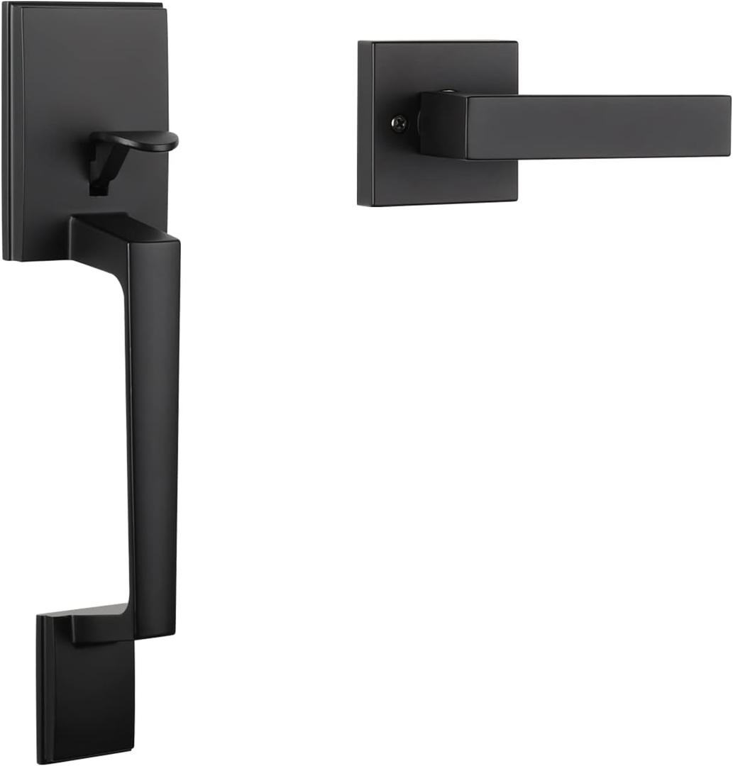 Haidms Matte Black Front Door Handle, Single Cylinder Exterior Door Entry Handle with Door Lever, Entry Door Handle Set, Reversible for Right and Left Handed Sided Doors (Square Door Handle)