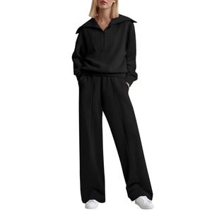 Aleumdr Two Piece Lounge Outfits Sweatsuits Matching Set for Women Fleece Half Zip Sweatshirt Oversized Pullover Wide Leg Joggers Sweatpants Tracksuit 2025 Fall Athletic Travel Clothing Black Size XL