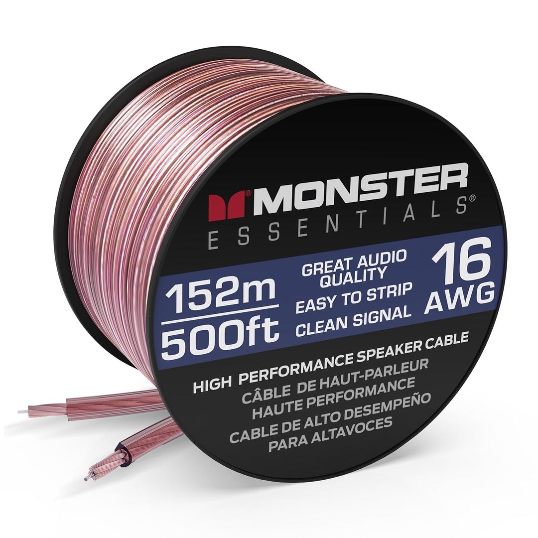 Monster Essentials High Performance Speaker Wire 16 Gauge Copper Clad Aluminum (CCA) Speaker Cable 500 FT Spool  Ideal Home Cinema Speaker Wire Cable and Car Audio Speaker Cables/Speaker Wires
