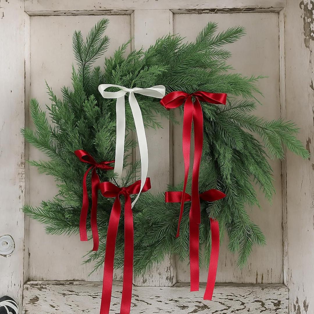 Suncalla 20'' Christmas Cedar Wreath with Bow Artificial Norfolk Pine Greenery Wreath Coquette Ribbon Red White Bow Decoration for Xmas Winter Front Door Window Wall Mantel Indoor Outdoor Home