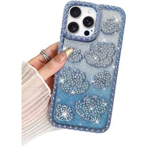 BITOBE Designed for iPhone 16 Pro Max, Cute 3D Rose Flowers Case Slim Plating Glitter Bling Luxury Rhinestones Floral Cover for Women Girls Protective Camera Protection 6.9" Blue