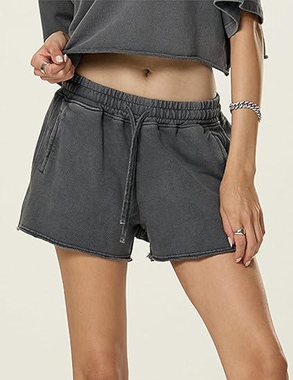 Arssm Womens Sweat Shorts Acid Wash Athletic Shorts Cotton Drawstring High Waist Workout Summer Shorts（Grey-M）