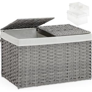 Storage Basket with Lid Wicker Baskets for Storage with 2 Separate Lid 42.3 Gallon (160 L) 29.9 x 17.3 x 18.1 Inches Rattan Woven Large Wicker Basket with 2 Liners for Bedroom Laundry Gray