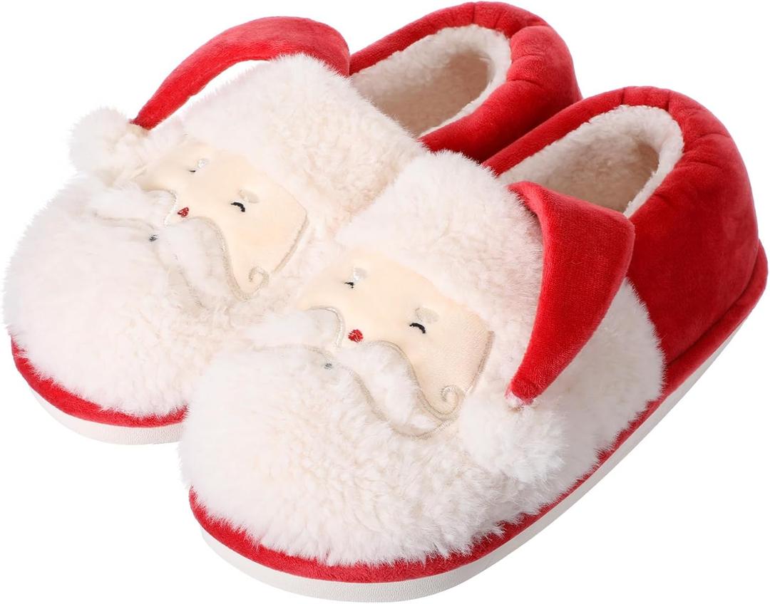 Shyyween Christmas Slippers Unisex Xmas Santa Slippers Non-Slip Fluffy Warm Shoes Winter Soft Slip-on Indoor Outdoor (10-11 Women/8.5-9.5 Men)