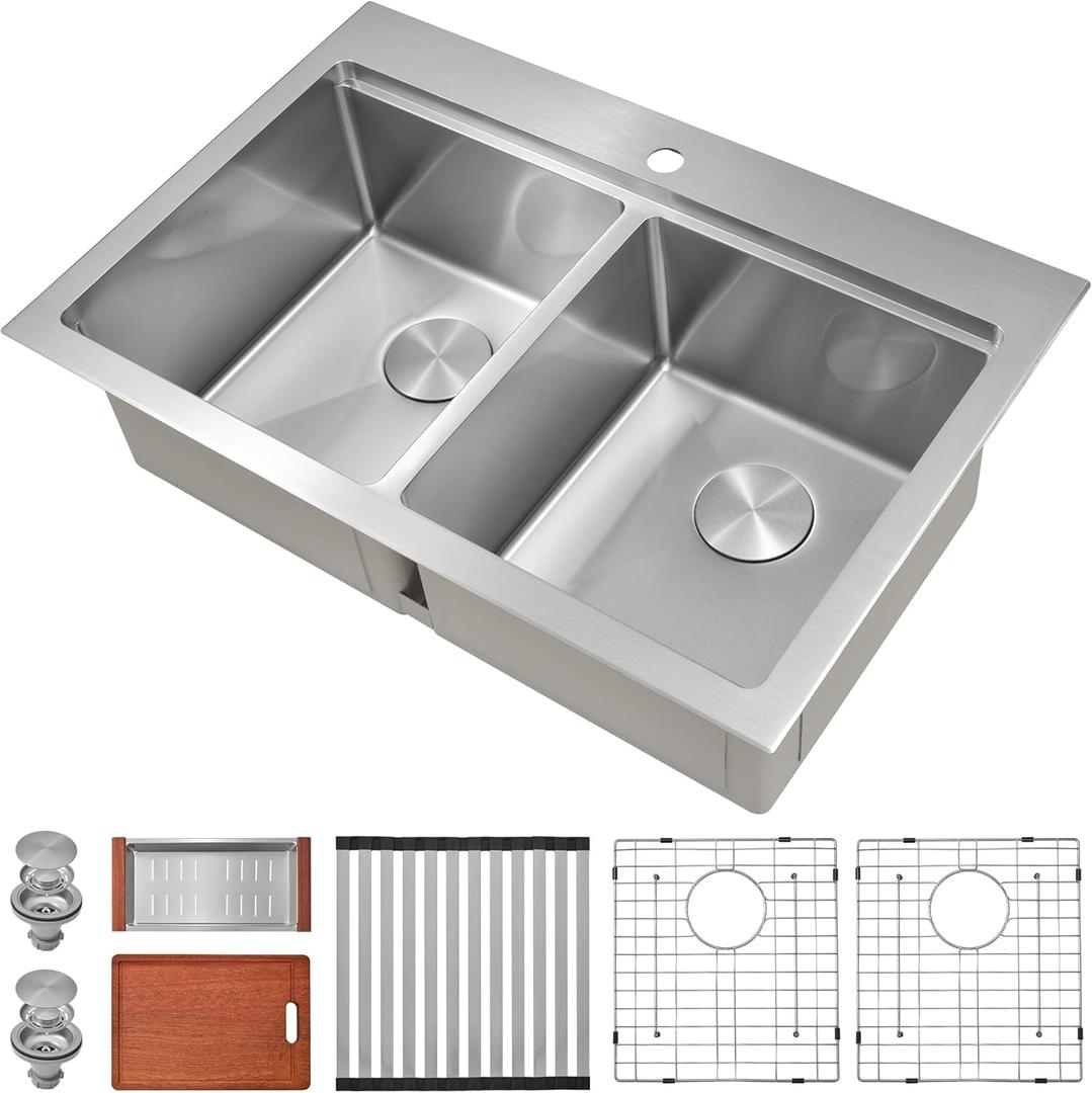 33 Inch Sink Drop-In Topmount Double Bowl, 16 Gauge 50/50 Double Bowl Stainless Steel Workstation Sink, 33" x 22" x 10" Large and Deep Kitchen Sink With Accessories