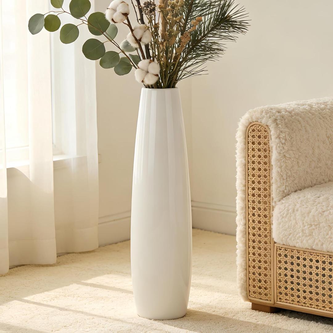 24" Tall Ceramic Floor Vase, GDSZJLJ White Large Decorative Vases for Modern Home Decor, Living Room, Minimalist Style Big Flower Vase for Pampas Grass, Flowers, Twigs, Office, Bedroom Dcor