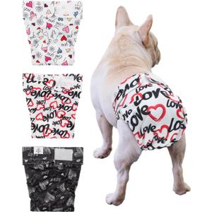 CuteBone Washable Dog Diapers Female No Tail Hole 3 Pack Reusable Doggie Period Training Pants for Docked-Tail Frenchie French Bulldog Boston Terrier Without Tail WWD03M, M