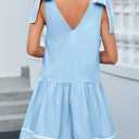 Wenrine Womens Summer V Neck Mini Dress Tie Shoulder Sleeveless Contrast Loose Casual Beach Dresses (Blue)