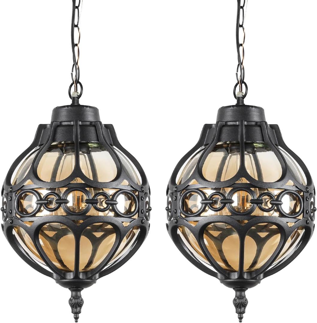 Globe Outdoor Pendant Lights for Porch Patio Garage, Matte Black Aluminum Anti-Rust Hanging Light Fixture, Industrial Round Amber Glass Exterior Chandelier, Outside Pendant Lamp, 2 Pack (10.6"(H)-2 Pack)