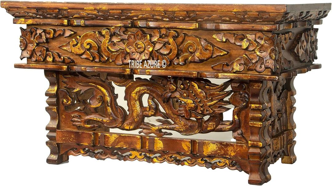 Tribe Azure Fair Trade Altar Table, Small Meditation Puja Table, Natural Wood Wiccan Buddhist Tea Table, Low Side Table (Brushed Gold Dragon)