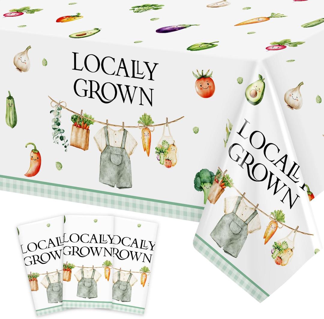 3Pcs Locally Grown Baby Shower Decorations Tablecloth, Rectangular Plastic Farmers Market Baby Shower Table Cloth, 54 x 108 Inch