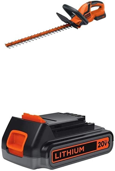 BLACK+DECKER 20V MAX Cordless Hedge Trimmer with Extra Lithium Battery 2.0 Amp Hour (LHT2220 & LBXR2020-OPE)