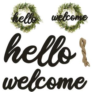 10 Pcs Black Wooden Hello & Welcome Sign Wooden Cutout Letter Hello Welcome Sign for Wreath Crafts Decorative Word Signs for Door Wall Christmas Trees Home Decor (Black)