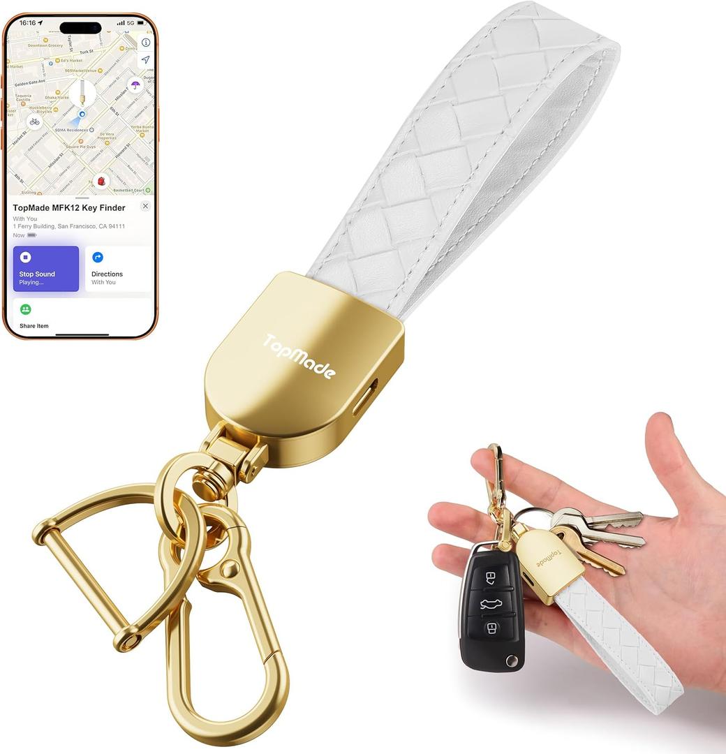 TopMade Keychain, Works with Apple Find My, Premium Handmade Knit Leather Car Key Chains for Women & Men, Smart Tracker Tag, Anti-Lost Key Finder, Universal Key Fob Holder, IP67 Waterproof, White