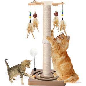 Tall Cat Scratching Post, 33 Inches, Sisal, Interactive Furniture Toys for Indoor Cats Adults, 2 Mounting Methods Large Scratcher Tree Tower with Hanging and Ball Track, Activity Center for All Ages