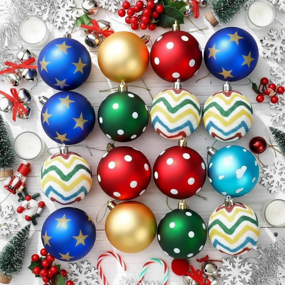 Soulchen 15 Pcs Cartoon Christmas Ball Ornaments Red Green Yellow Blue Cloud Star Printed Glittering Hanging Balls Cartoon Story Hanging Decorations for Xmas Tree Birthday Party Supplies