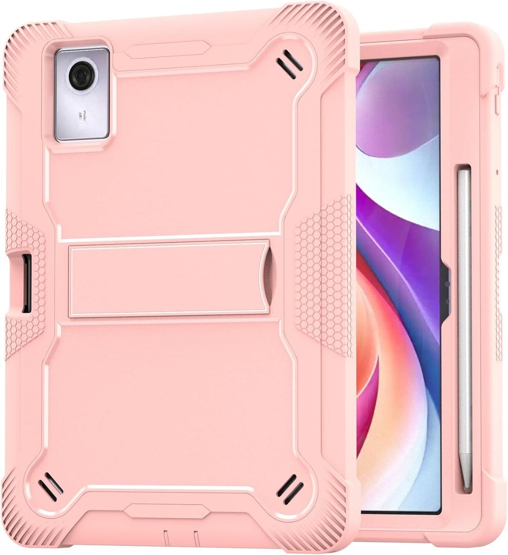 for Lenovo Idea Tab 11 Case 2025/K11 Gen2/Moto Pad 60 Neo 11 Inch, 3-in-1 Shockproof Cover w/Pen Holder, Soft Silicone & Hard PC, Horizontal Foldable Stand, Screenless Front, No Stylus (Gold Pink)
