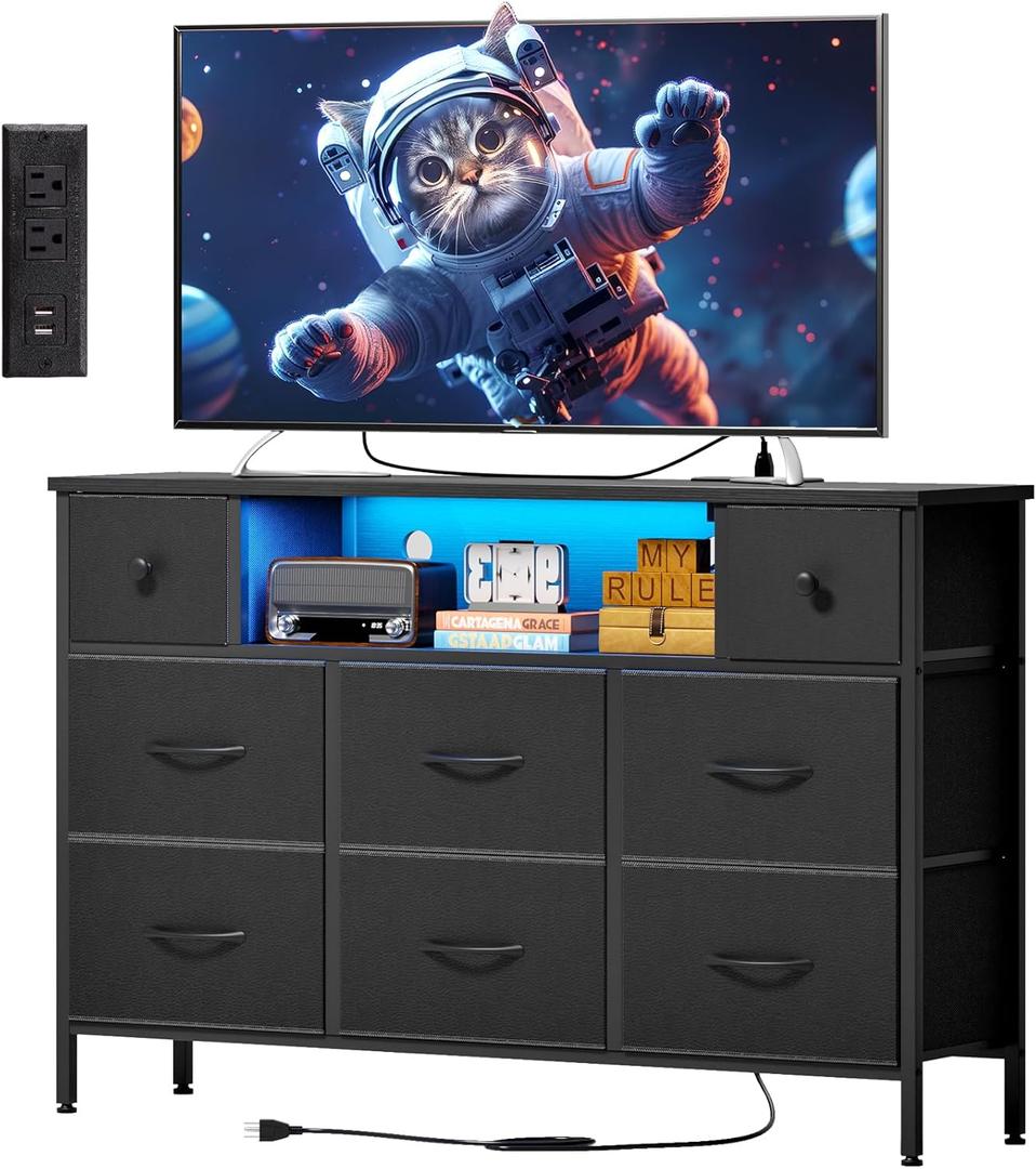 Fixwal Dresser for Bedroom with Power Outlets and LED Lights, Black 55" TV Stand with 8 Drawers, Fabric Chest of Drawers with PU Finish for Living Room, Entryway (Black)