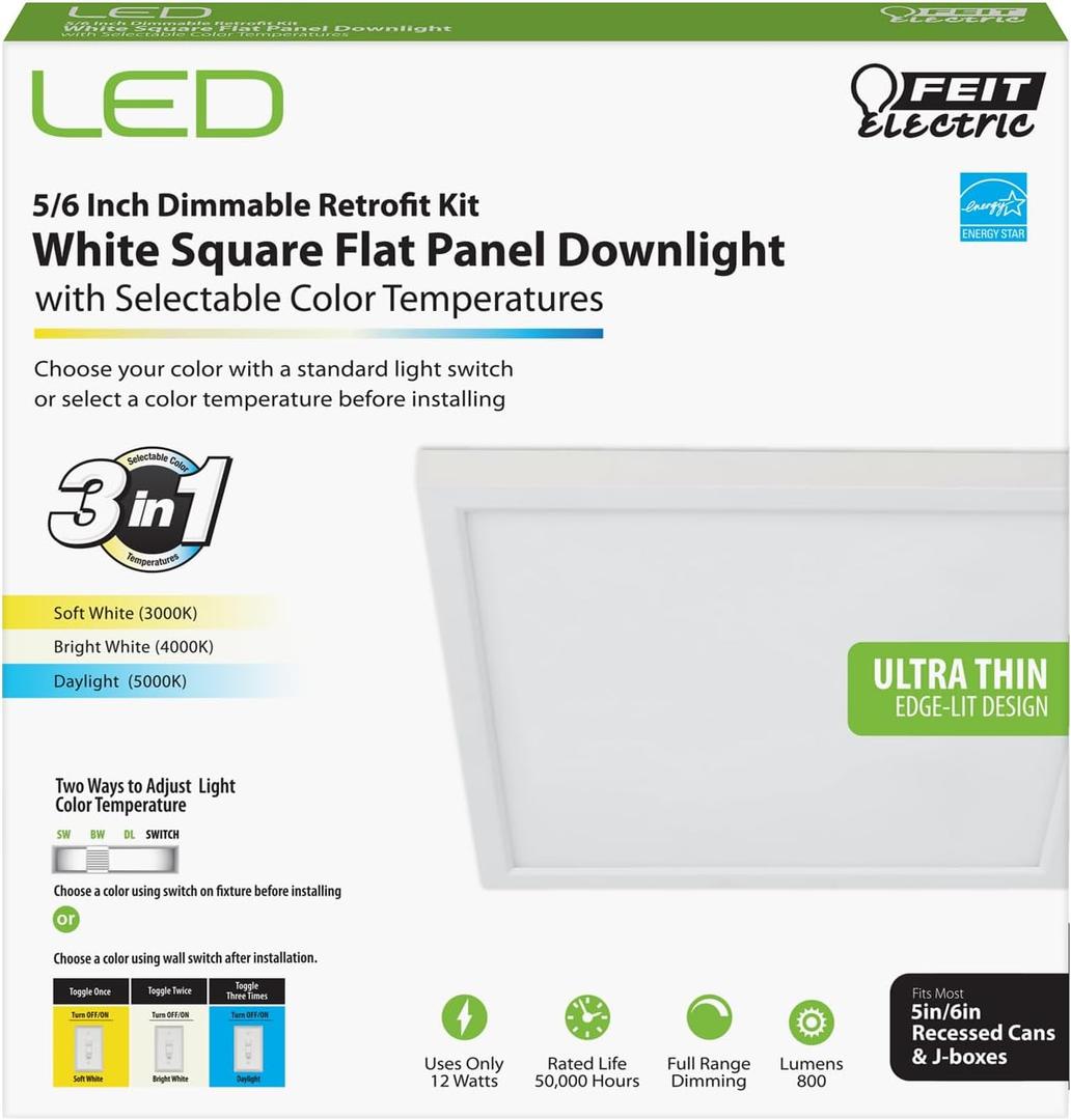 Feit Electric 74208 LED Square Flat Panel Downlight, Dimmable, Ultra Thin and Edge-Lit Design, Color Selectable Ceiling Flush Mount Light, Fit 5"/6" Recessed Can Light Fixture, 50,000-Hour Lifetime