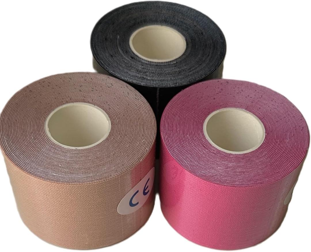 Generic Cotton Kinesiology Tape 3 Rolls, Waterproof Breathable Tape, Sports Kinesiology Tape. Self Adhesive Athletic Tape for Pain Relief, Latex-Free, (Mixed Colors: Black, Beige, and Pink)