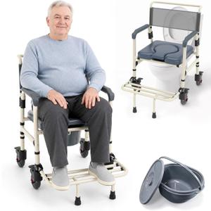 Bedside Commode Toilet with 4 Lockable Wheels, Shower Commode Wheelchair