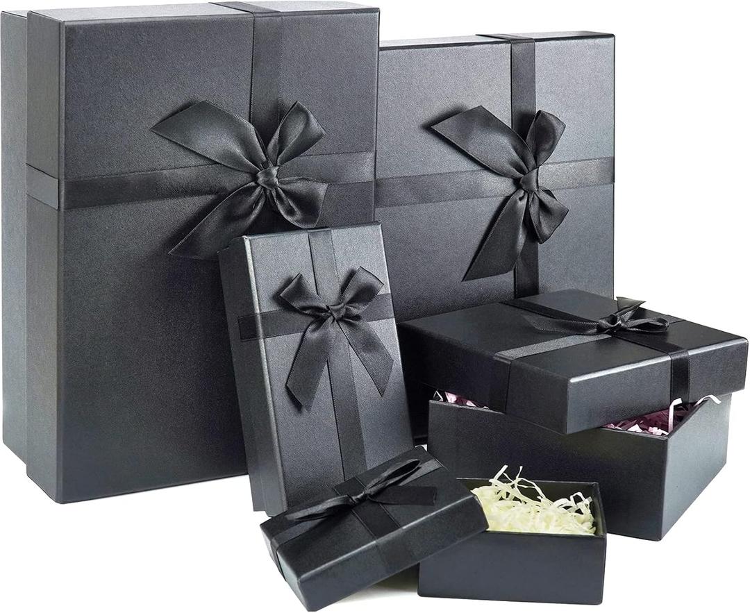Gift Boxes with Lids for Presents, Set of 4 Black Gift Boxes, Pre-warpped Nesting Boxes for Gifts, Luxury Gift Box for Valentine's Day, Anniversaries, Birthdays,Weddings, etc.