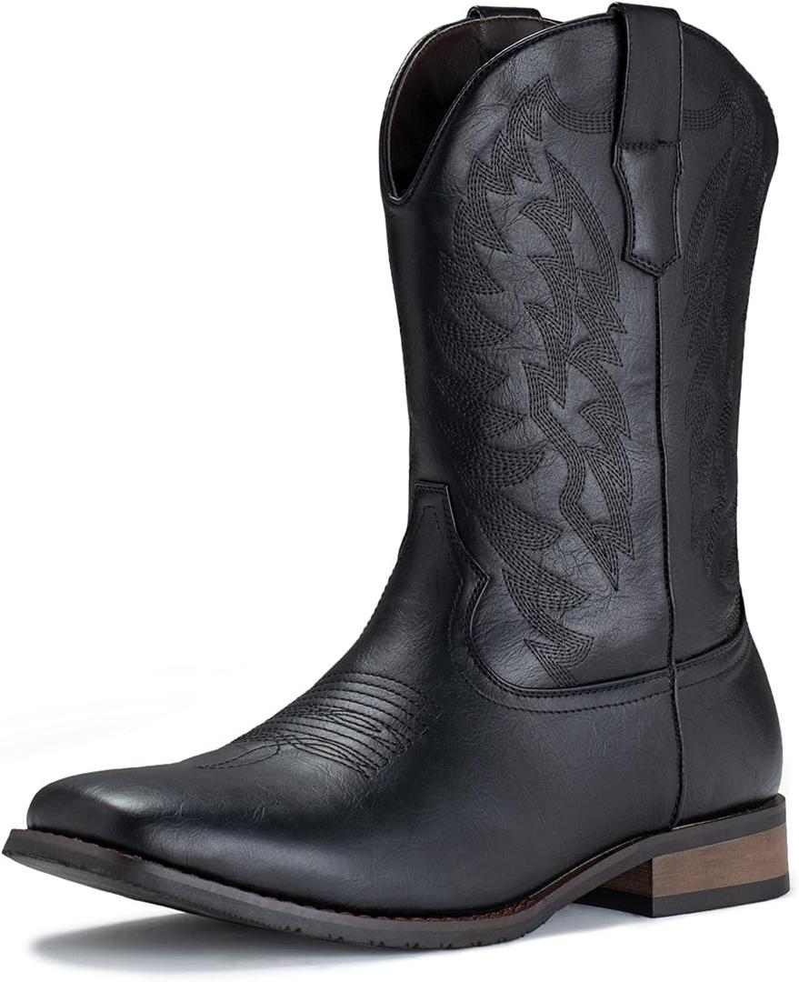 IUV Cowboy Boots For Men Wide Foot Square Toe Western Boots with Classic Embroidered Durable Slip on Boots (10, Black)
