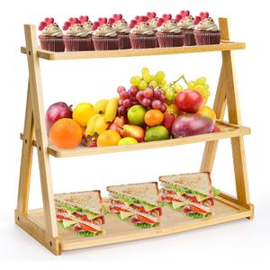 3 Tier Bamboo Serving Tray, Rectangle Serving Platters Tiered Tray Stand, Fruit Cupcake Display Stand Farmhouse Decorative Trays for Appetizers, Snacks, Dessert, Party, Birthday, Wedding