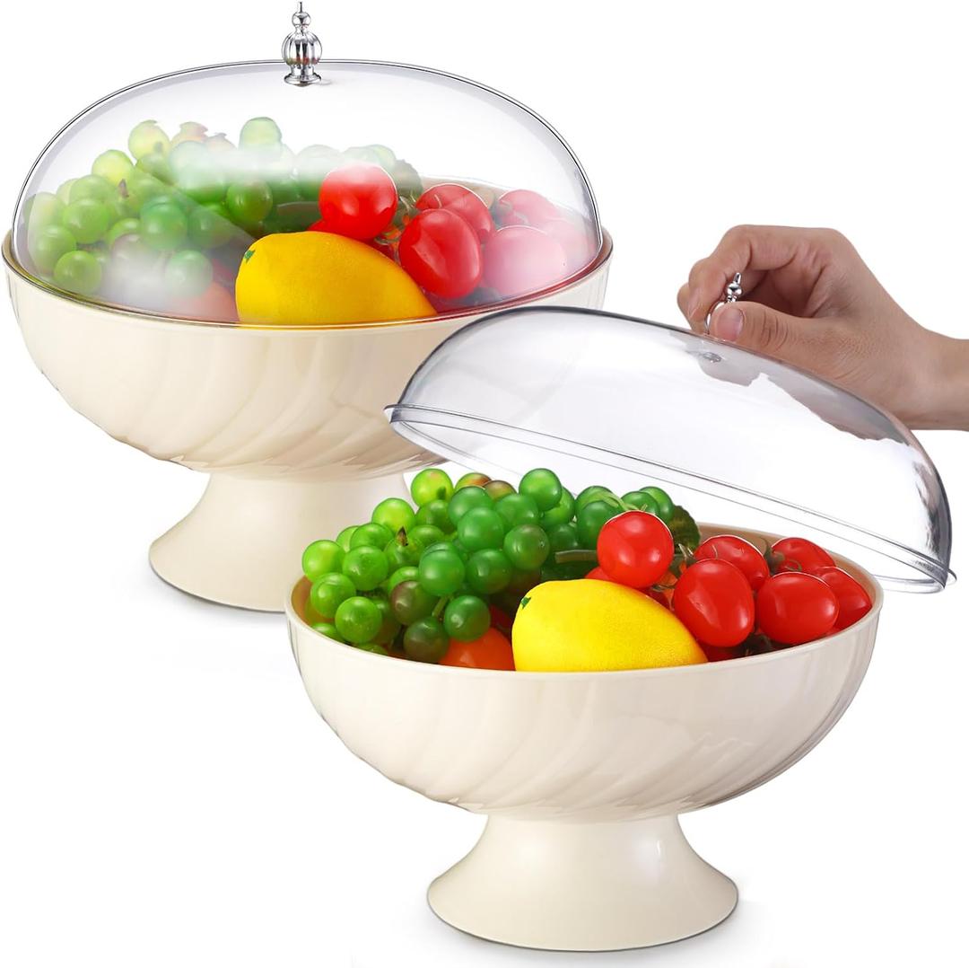 2 Pcs Fruit Bowl with Lid for Kitchen 9.65 Inch Fruit Basket with Draining Holes and Removable Pedestal Fruits Holder for Dining Table Decorations Counter Food Vegetable Storage Accessories