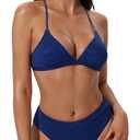 SUUKSESS Women Sexy Triangle Bikini Sets Textured High Cut 2 Piece Bathing Suit (Blue, M)