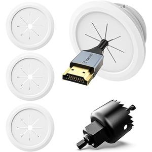 VCELINK TV Cord Hider for Wall Mounted TV, 2.36" (60 mm) Mini White Cable Management Kit Hides TV Wires Push Type, 4 Pack Wall Cord Pass Throughs and 1 Hole Saw Drill Ideal for Mounted TVs, Desks