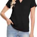 YuKaiChen Women's Polo Shirts Casual Summer Collared Tops Short Sleeve Knit Tops V Neck (Medium, Black)
