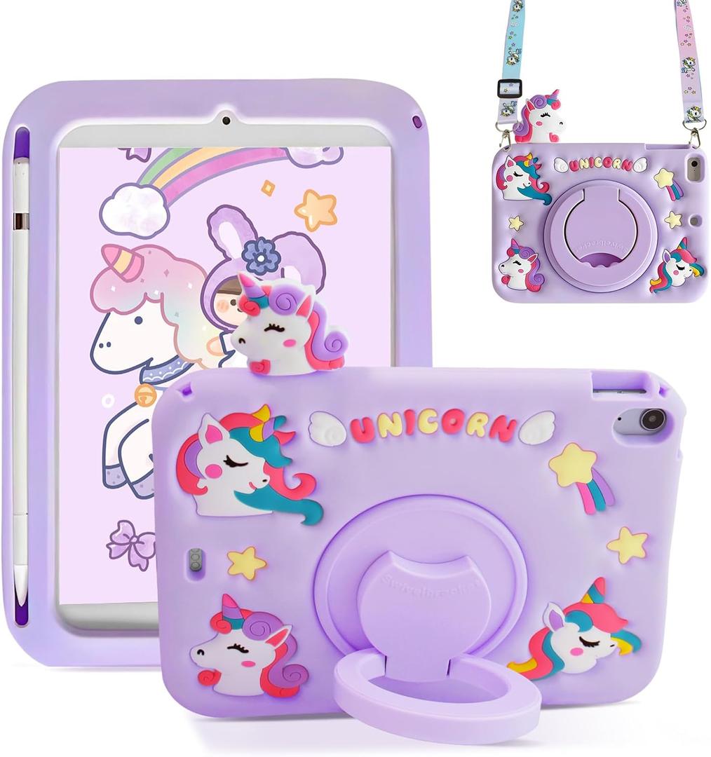 ACEMO for iPad 10th Generation Case iPad Air 11 inch M3 M2 Kids Girl Cover with 360 Rotating Kickstand/Shoulder Strap/Pencil Holder for iPad 2022 10.9 inch/Air 11 inch 2025 2024 Purple