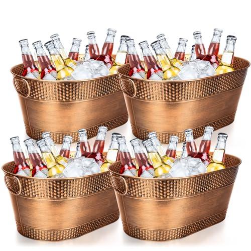 Nuogo 4 Pcs Stainless Steel Oval Ice Buckets for Parties 15 Qt/ 4 Gallon Galvanized Metal Drink Bucket with Handles Leak Resistant Beverage Tub Rustproof Wine Cooler Bucket Beverage Chiller(Bronze)