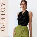 LAOTEPO Cowl Neck Halter Tops for Women Silk Satin Going Out Tank Top Trendy Summer Camisole Business Casual Blouses Outfits (Black, M)