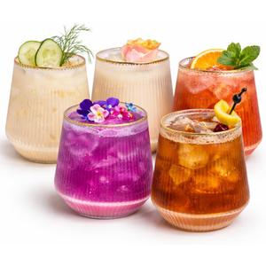Oojami 40 Pack 14 oz Origami Ripple Stemless Ribbed Plastic Glasses, Disposable Unbreakable BPA-Free Cocktail Cups for Fancy Parties, Weddings, Indoor Outdoor Champagne, Whiskey, Mimosa, Gold Rim