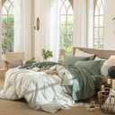 MooMee Bedding Sheet Set 100% Washed Cotton Linen Like Textured Breathable Durable Soft Comfy (Heathered Green, California King)