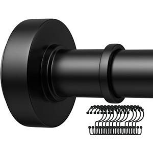 Black Shower Rod with 12 Hooks, 43-72 Inches, Rust Resistance, Adjustable Tension Rod with Durable Spring, No Drilling - Use For Bathroom, Bedroom, Home, Matte Black