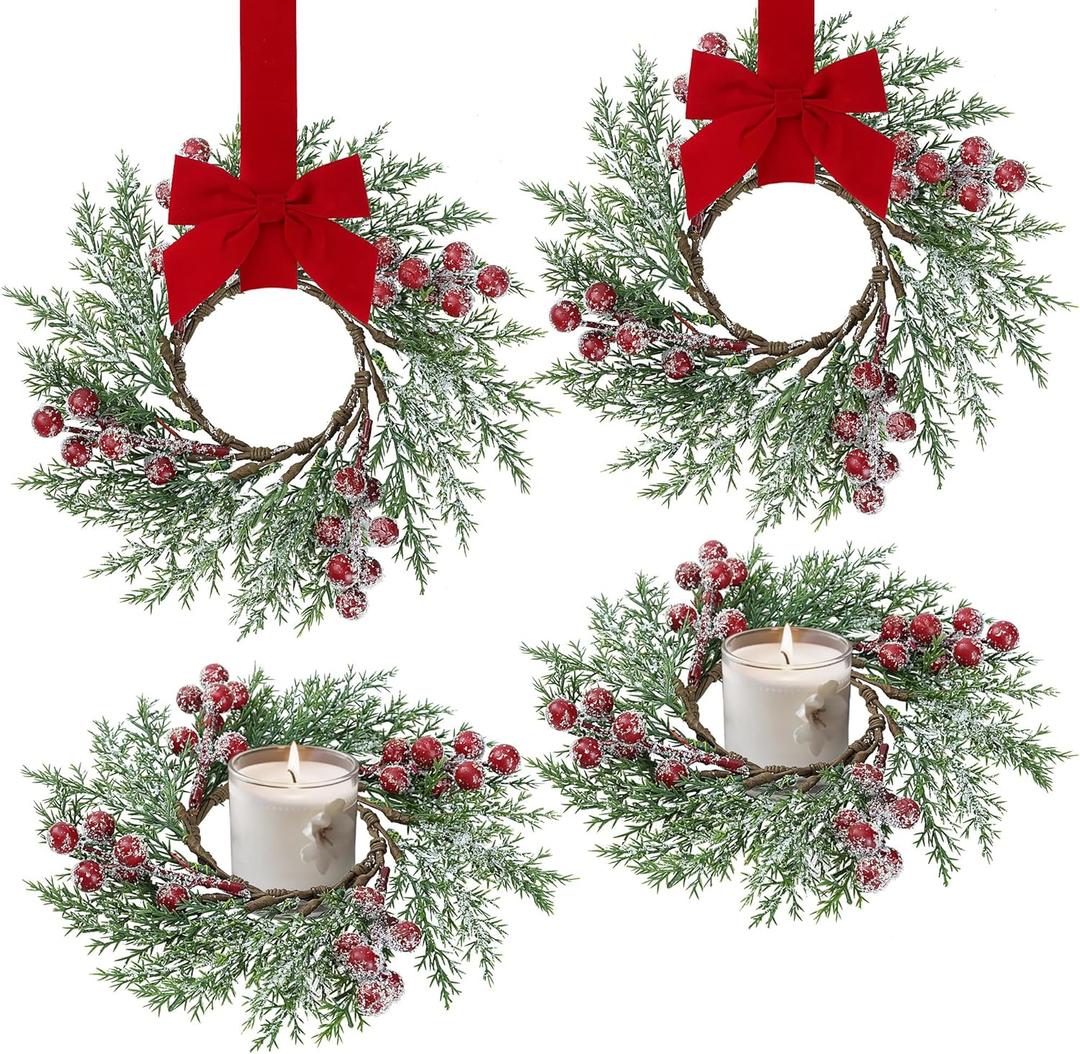 Sggvecsy 4 Pcs Christmas Candle Rings Norfolk Pine Wreath Artificial Red Berries Small Wreaths Table Centerpieces Kitchen Cabinets Pillars Mini Candle Rings for Window Front Door Decor