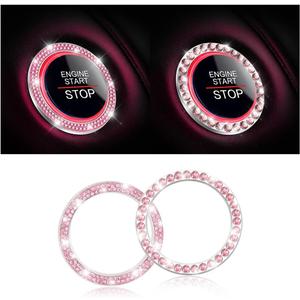 Car Bling Crystal Rhinestone Engine Start Ring Stickers, 1 Single Drainage Drill and 1 Double Drainage Drill Car Start Button Cover, Key Ignition Knob Bling Ring Decals, Bling Car Accessories(Pink)