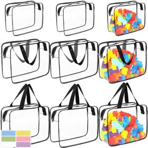 9 Packs Clear PVC Toy Storage Bags Include 6 Pcs Large and 3 Pcs Medium Toy Organizer Bags with Labels, Portable Handheld Zipper Bags for Organizing Board Game, Building Blocks, Puzzle, Kids Books