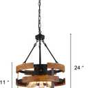5-Light Round Rustic Chandelier Light Fixture, Farmhouse Hanging Pendant Lighting with 3-Tier Circular Metal Nature Wood Frame Drum Lights for Kitchen Island Entryway Dining Room